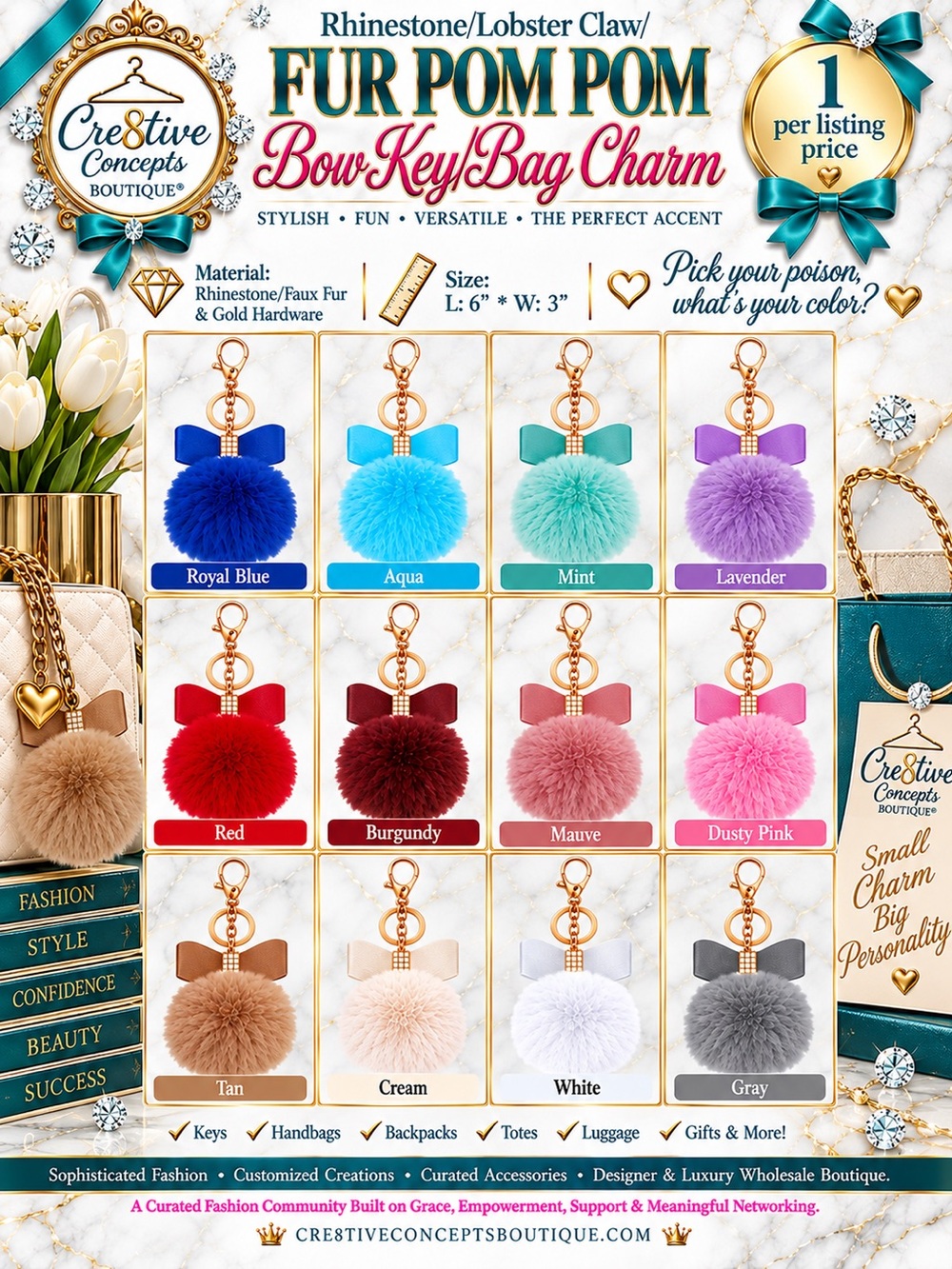 Rhinestone/Lobster Claw/Fur Pom Pom Bow Key/Bag Charm-One